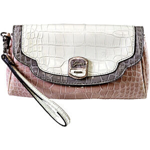 Guess Newlyn Mini Grey Pink White Handbag Crocodile Faux Leather Clutch Purse
